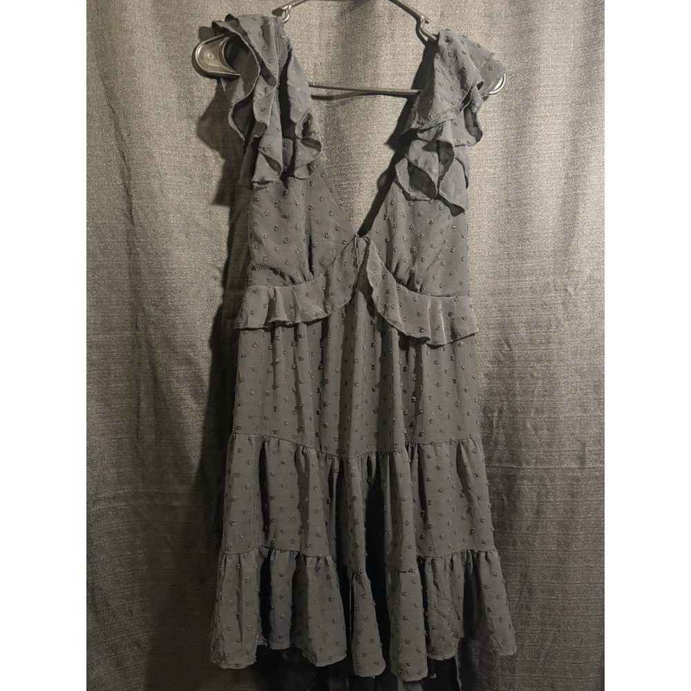 Trixxi Juniors XL Black Clip Dot Ruffle Tiered V-Neck Dress Lined